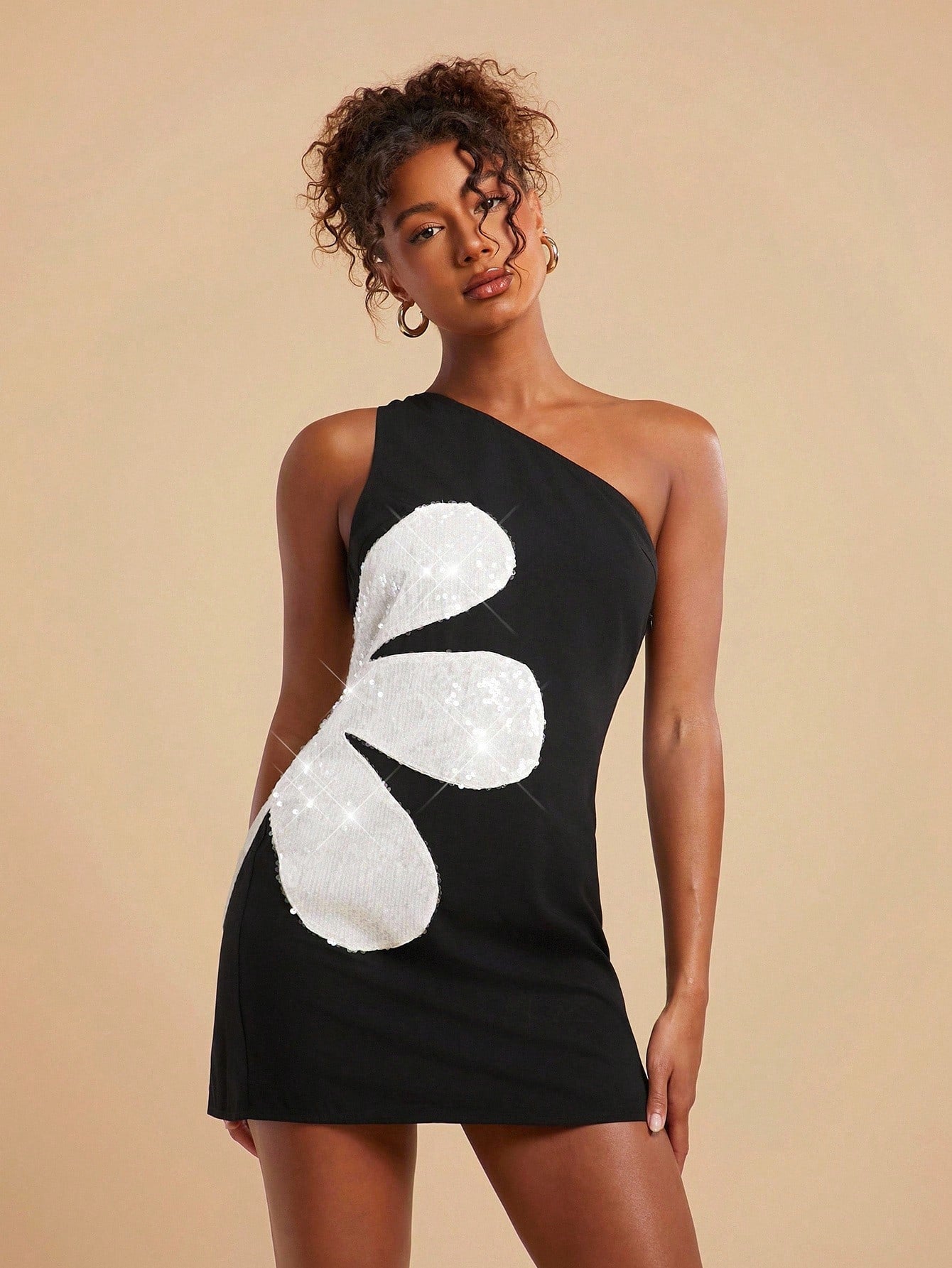 Elegant Floral Sequin Mini Dress for Women - One-Shoulder Black and Wh Canary Houze Elegant Floral Sequin Mini Dress for Women - One-Shoulder Black and Wh Canary Houze