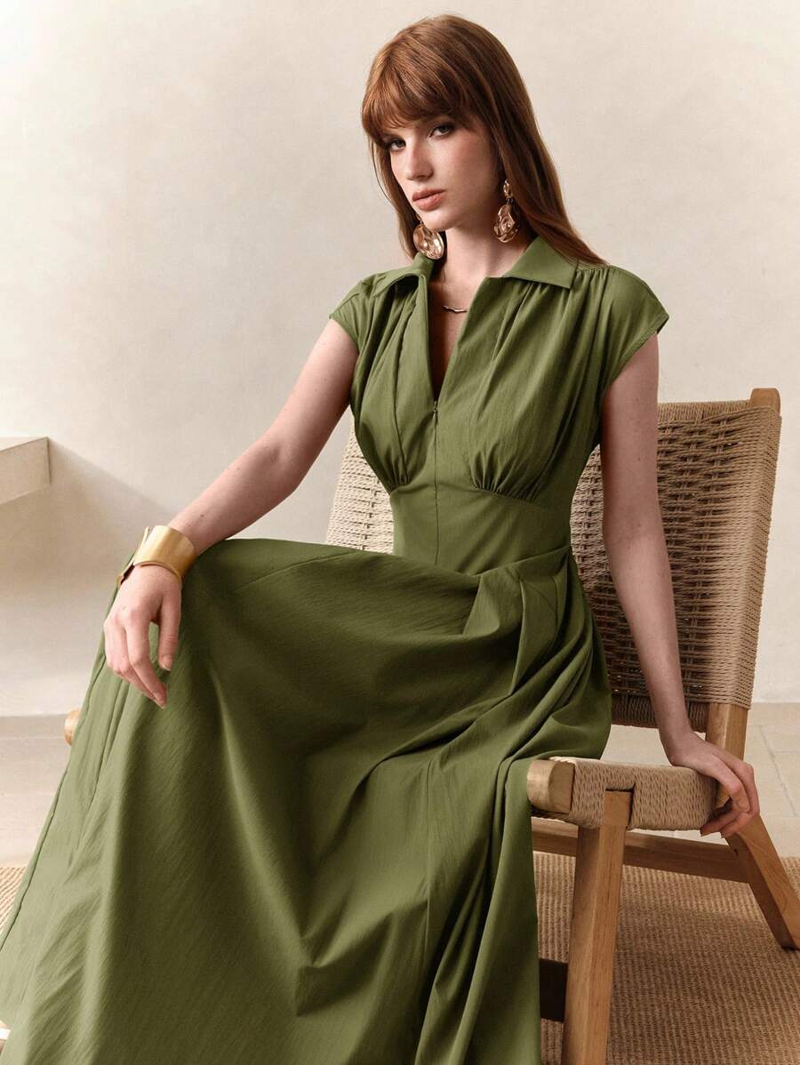 Elegant French-Inspired Brown Maxi Dress for Women - High Waist, Ruche   Canary Houze