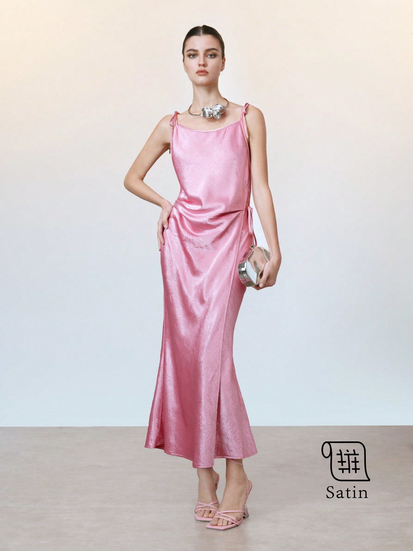 Elegant French Bowknot Satin Midi Dress for Women – Casual Slim Fit Party Wear for Spring & Summer