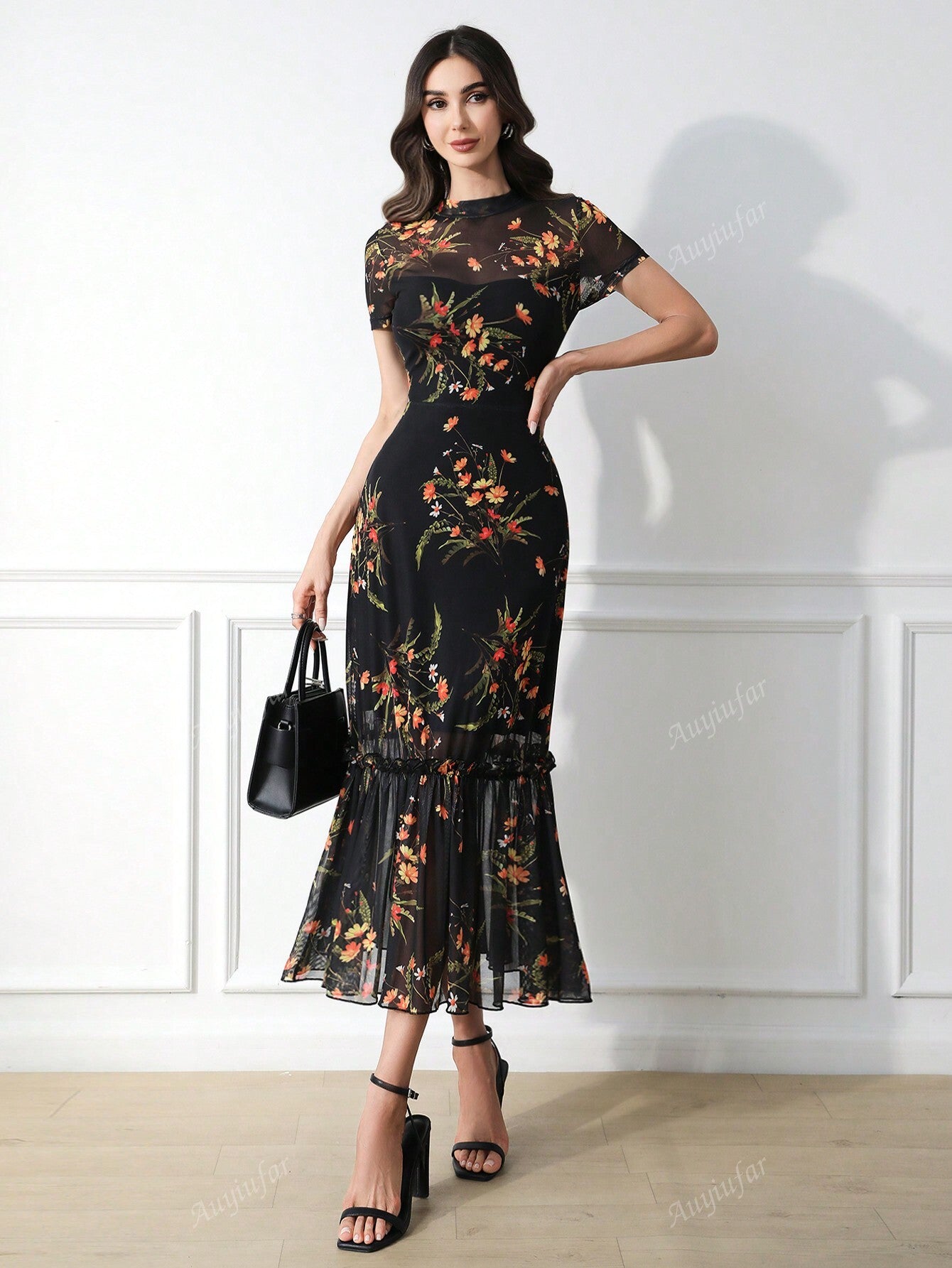Elegant Gothic Floral Print Mesh Dress with Cinched Waist and Wave Hem Canary Houze Elegant Gothic Floral Print Mesh Dress with Cinched Waist and Wave Hem Canary Houze