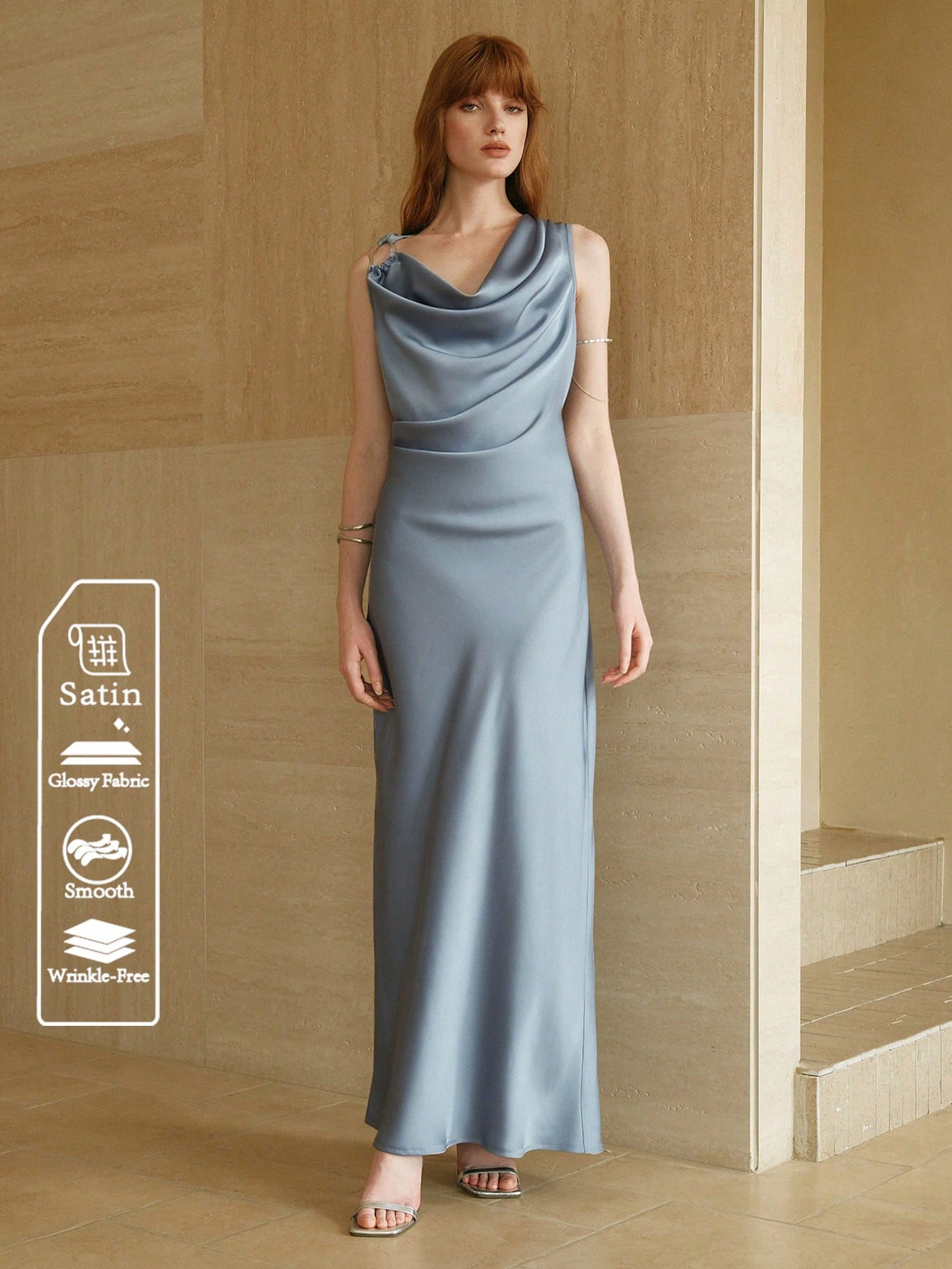grey summer maxi dress Elegant Gray-Blue Satin with Asymmetric Shoulder and Cinched Waist for Cocktails and Holidays Half Jodhpuri Jacket