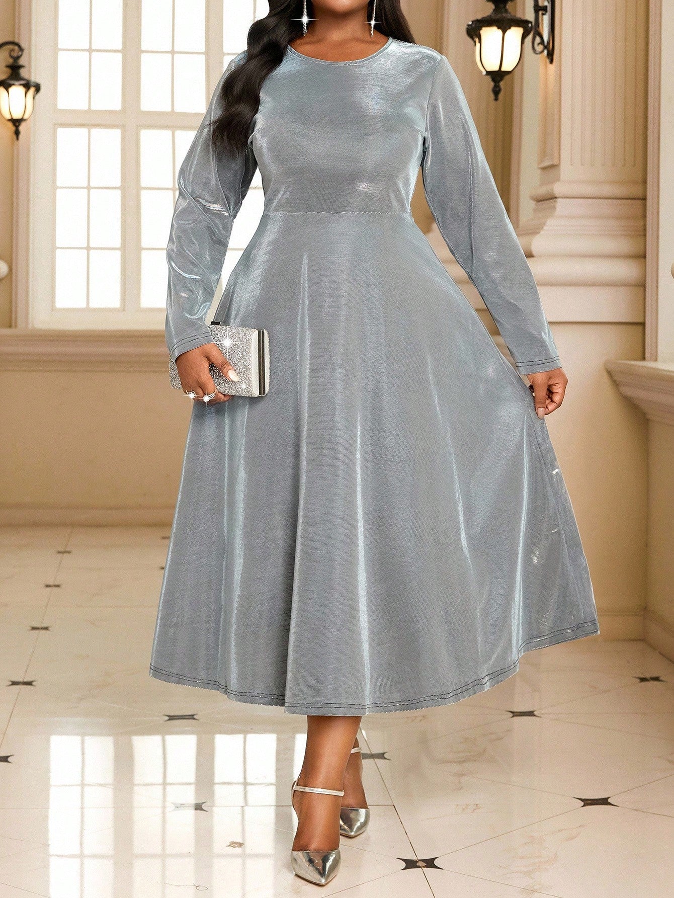 Elegant Grey Knitted Midi Dress with Asymmetrical Neck and Flared Puff –  Canary Houze