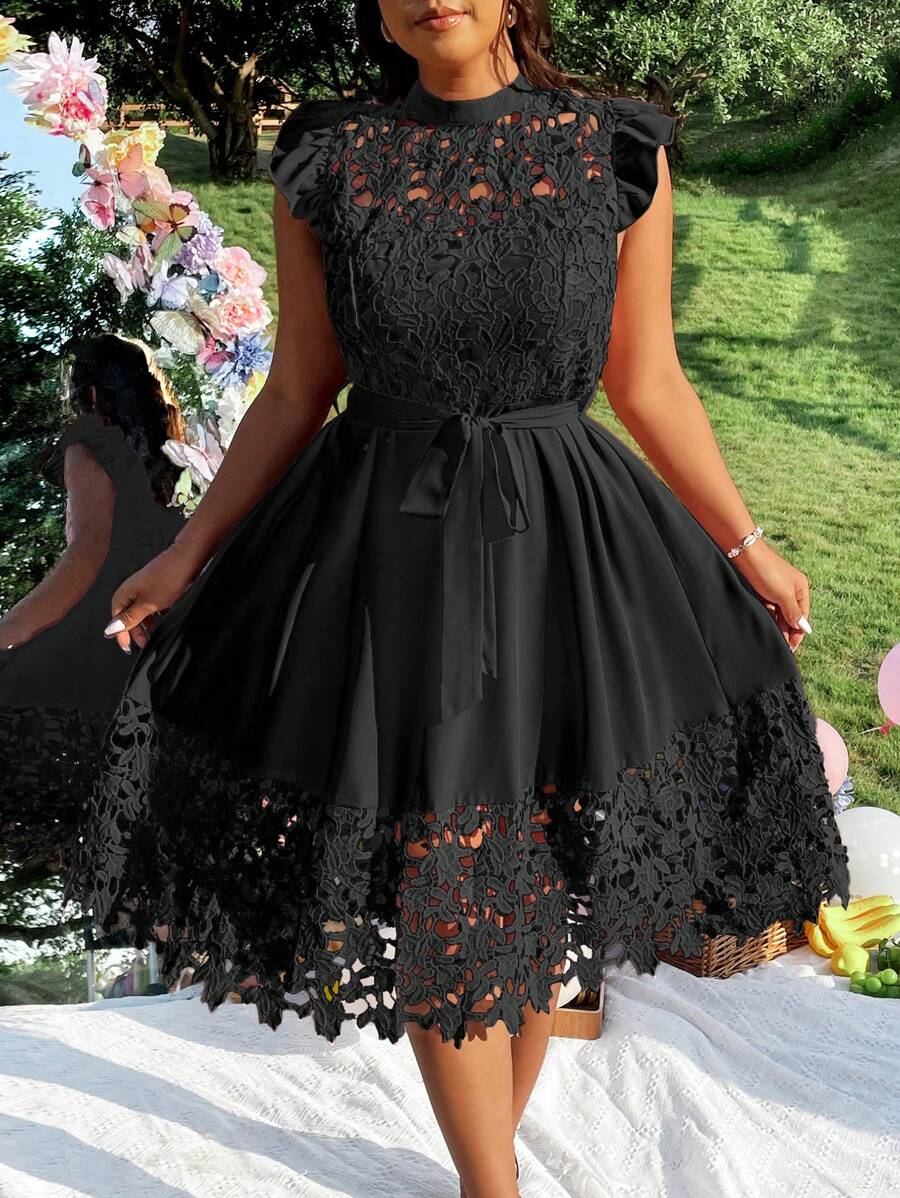 elegant halloween dress Elegant Halloween A-Line Dress with Flyaway Sleeves and Lace Patchwork