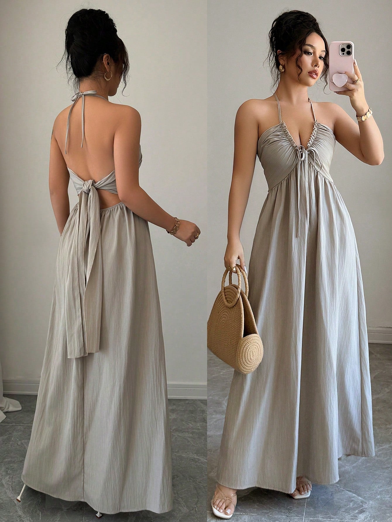 Elegant Halter Lace-Up Backless A-Line Dress for Effortless Style