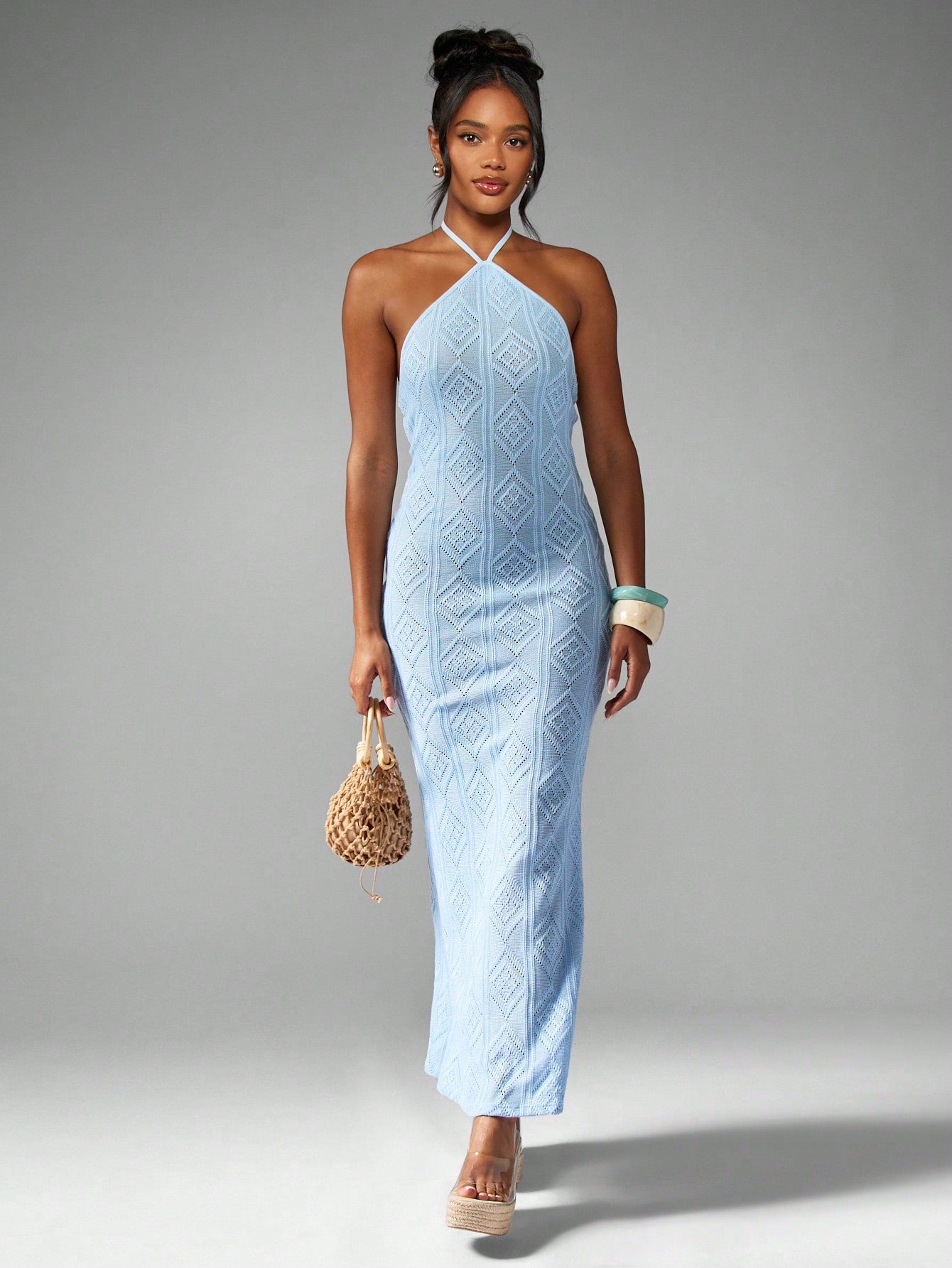 Elegant Halter Neck Knit Maxi Dress with Diamond Pattern for Summer Be – Canary Houze