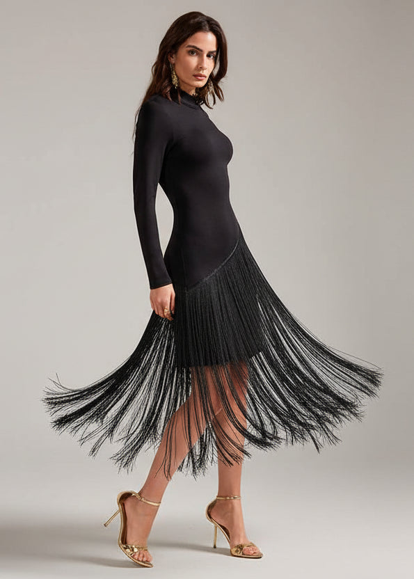 navy blue dress for baby girl Elegant High-Neck Fringe Maxi Dress for Fall and Winter Festivities -