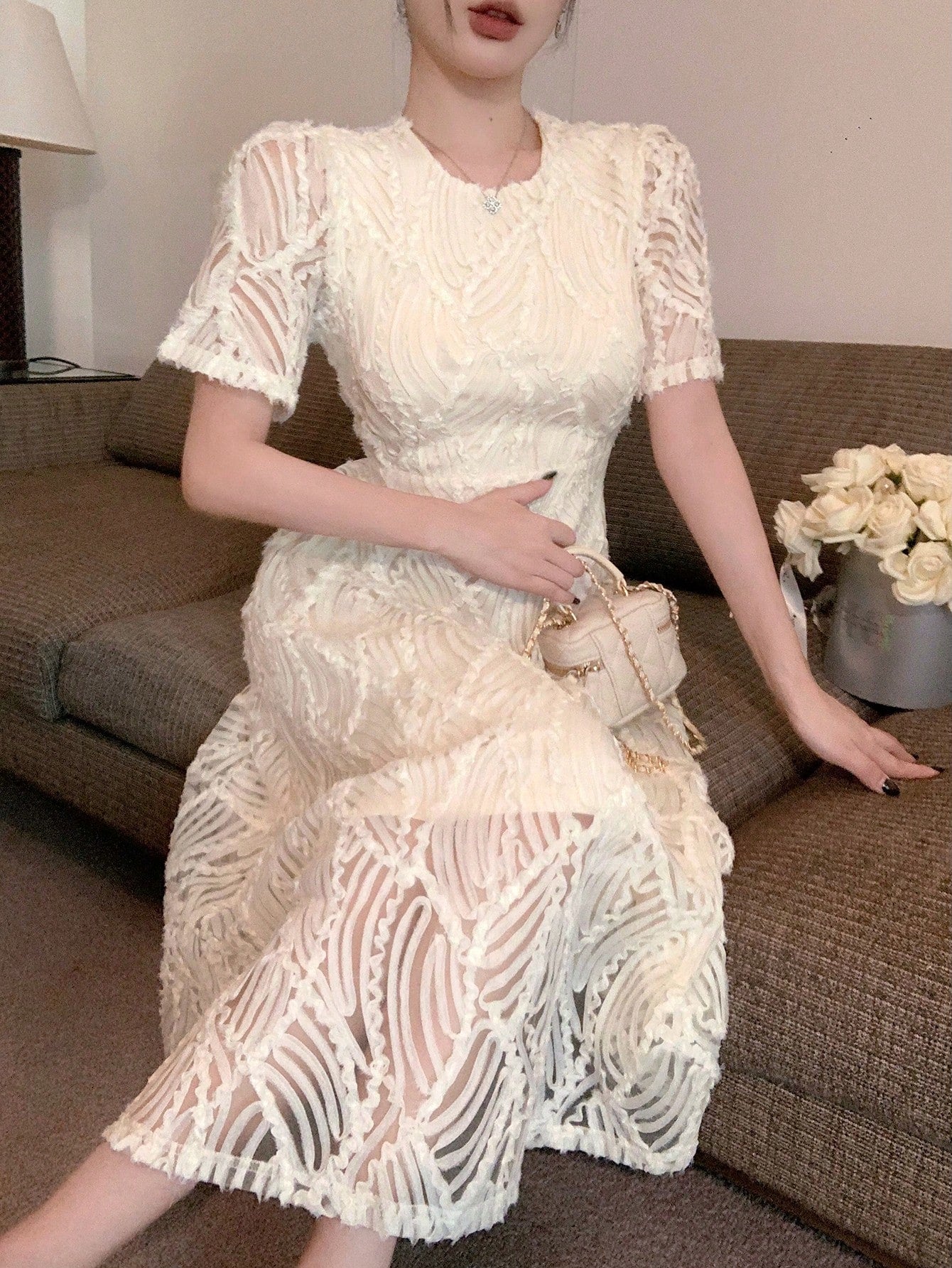 mid calf lace dress Elegant Lace Puff Sleeve Mid-Calf Dress for Women