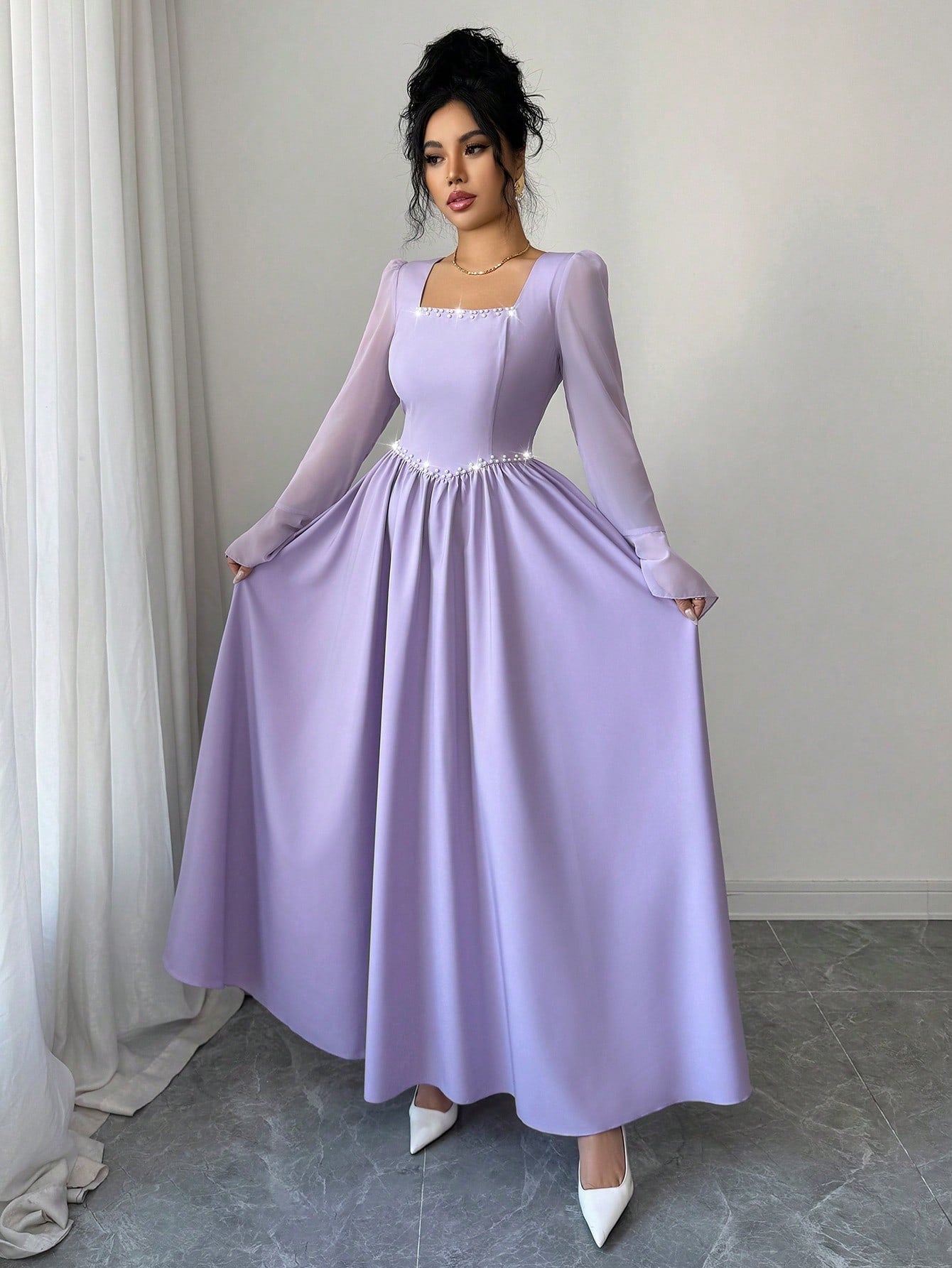 a line dress with bell sleeves Elegant Lavender A-Line Dress with Pearl Decor and Bell Sleeves for Ro –  Canary Houze