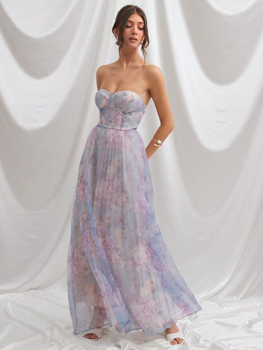 Elegant Lavender Floral Strapless Maxi Dress for Women - Perfect for F Canary Houze Elegant Lavender Floral Strapless Maxi Dress for Women - Perfect for F Canary Houze