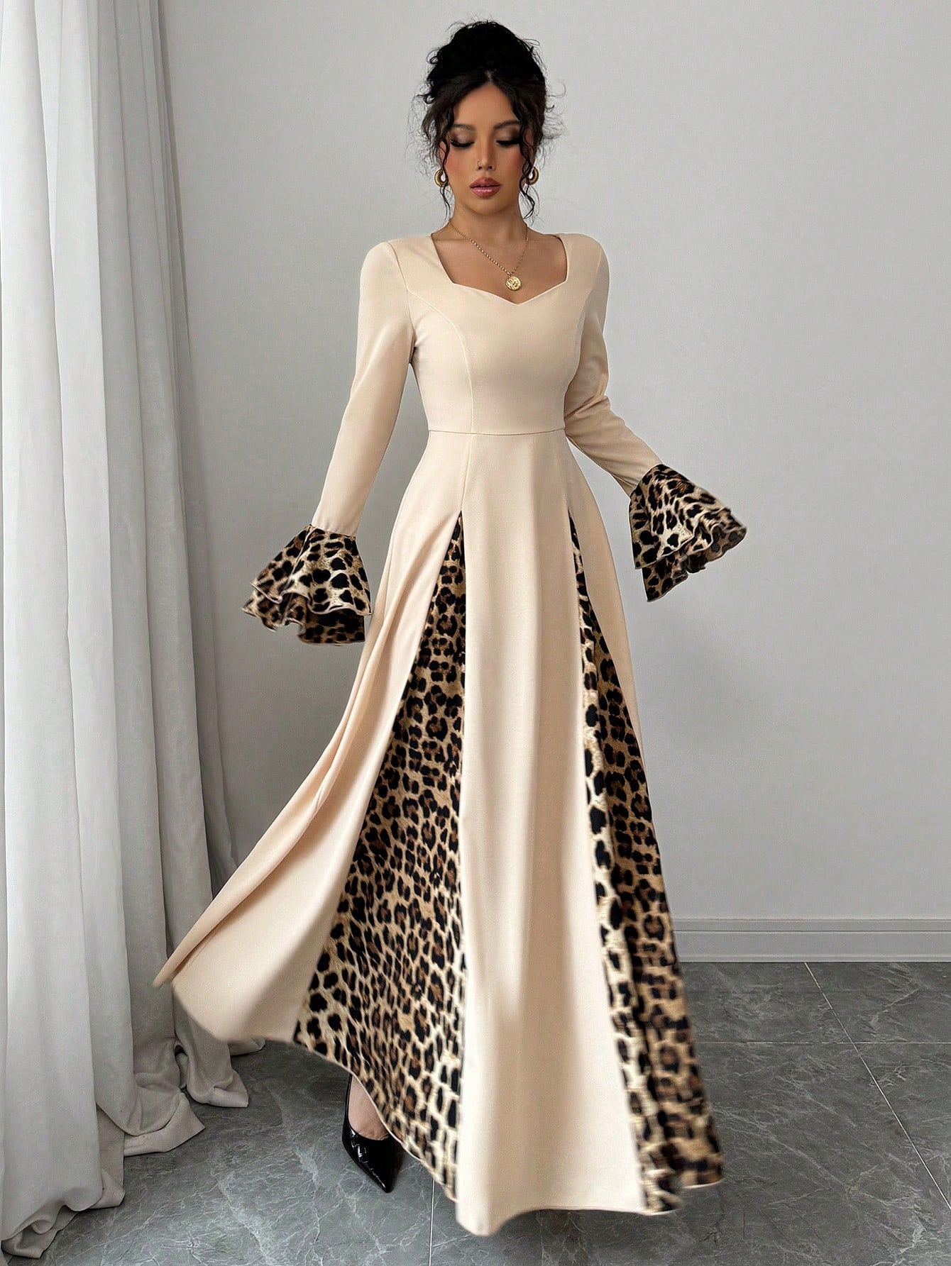 leopard print dress winter Fkelyi Black Leopard Print Fall Maxi Dress for Women Long Sleeve A-Line Flowy Dresses with Side Pockets V Neck Casual Dress for Spring Winter, M,