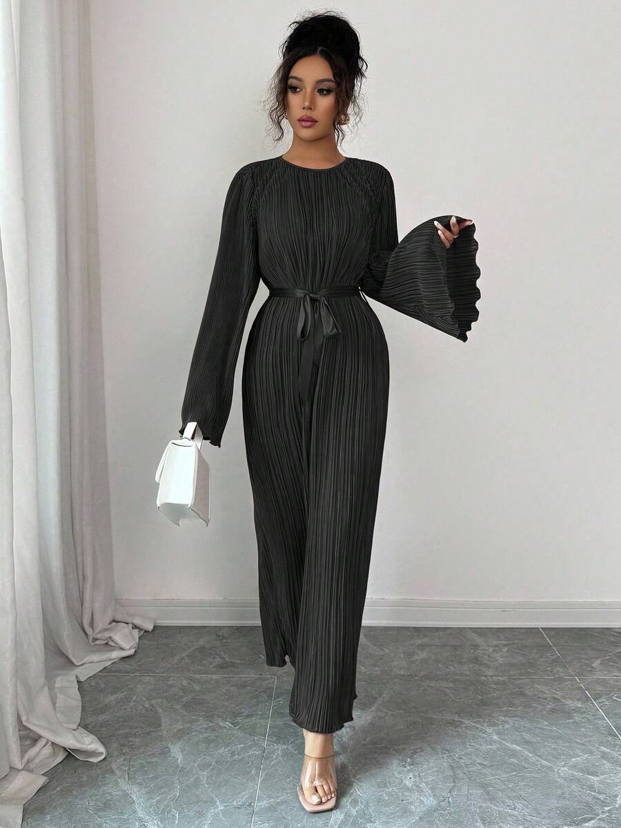 Elegant Midi Dress for Women with Flared Sleeves and Pleated Waist Tie –  Canary Houze