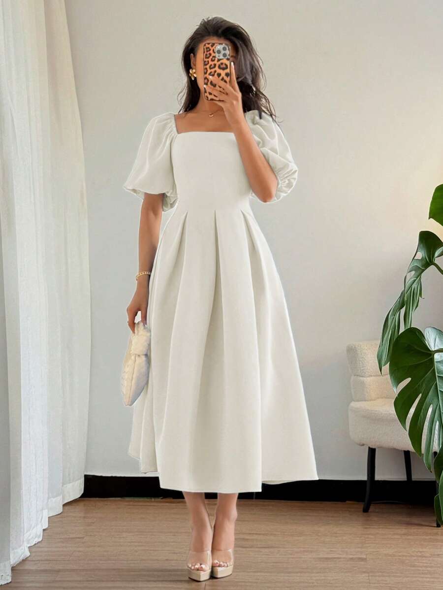 Shein |Women's Minimalist Pleated Hem Puff Sleeve Solid Color Square Neck Short Sleeve Dress, French Elegant Office Business Casual Holiday Afternoon Shein |Women's Minimalist Pleated Hem Puff Sleeve Solid Color Square Neck Short Sleeve Dress, French Elegant Office Business Casual Holiday Afternoon