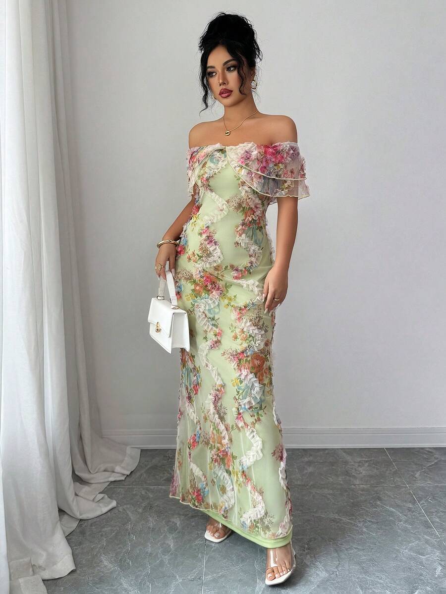 Elegant Off-Shoulder Bodycon Dress with 3D Floral Mesh - Perfect for Romantic Occasions Elegant Off-Shoulder Bodycon Dress with 3D Floral Mesh - Perfect for Romantic Occasions