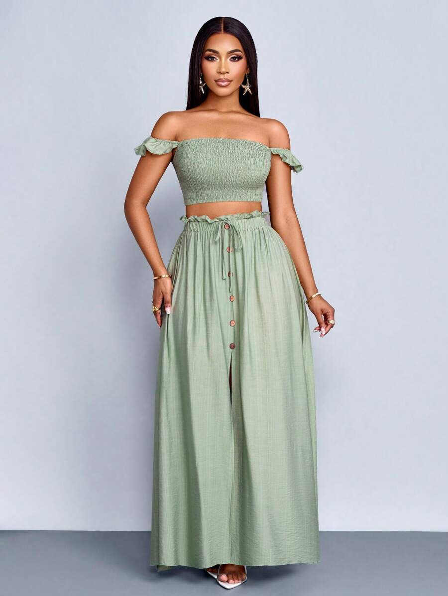 Elegant Off-Shoulder Linen-Like Crop Top and A-Line Maxi Skirt Set for – Canary Houze