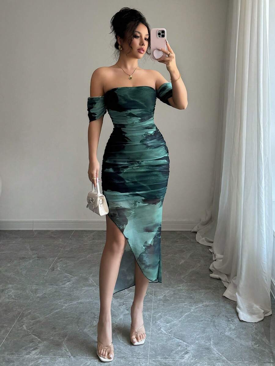slim fit dress slacks Elegant Off-Shoulder Tie-Dye Maxi Dress for Women
