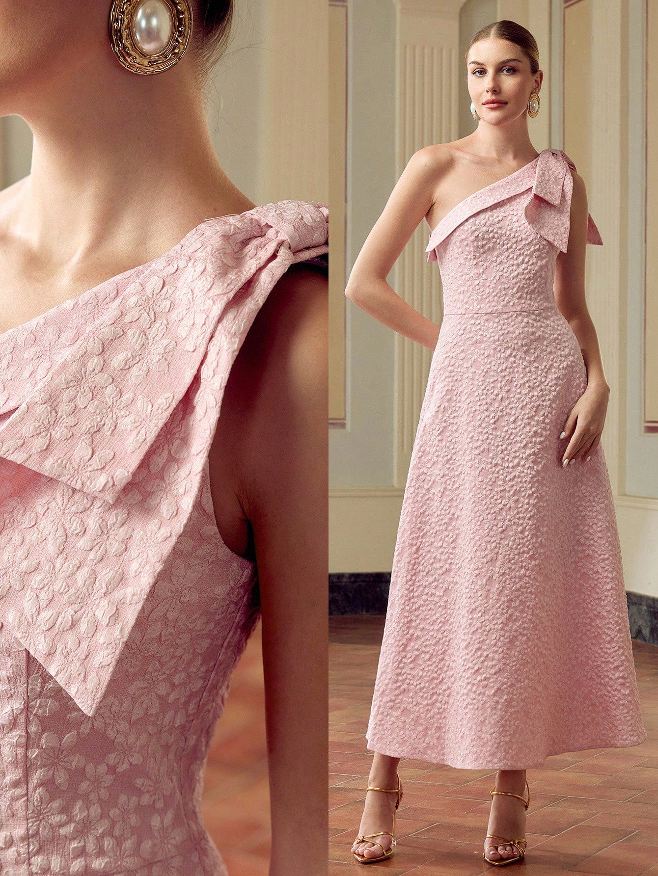open lace back dress Sequin Floral One Shoulder Column Dress with Side Cascade Missy / 10 / Neutral-Pattern main image 1
