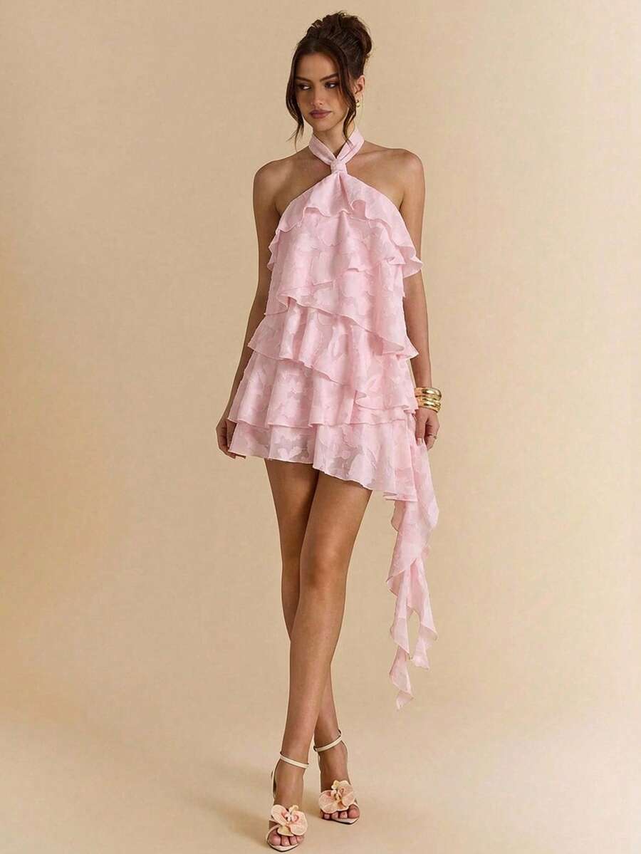 SHEIN Spring/Summer Solid Color Pink Floral Jacquard Halter Irregular Ruffle Hem Elegant Sexy Dress, Suitable For Party, Vacation, Banquet, Wedding,