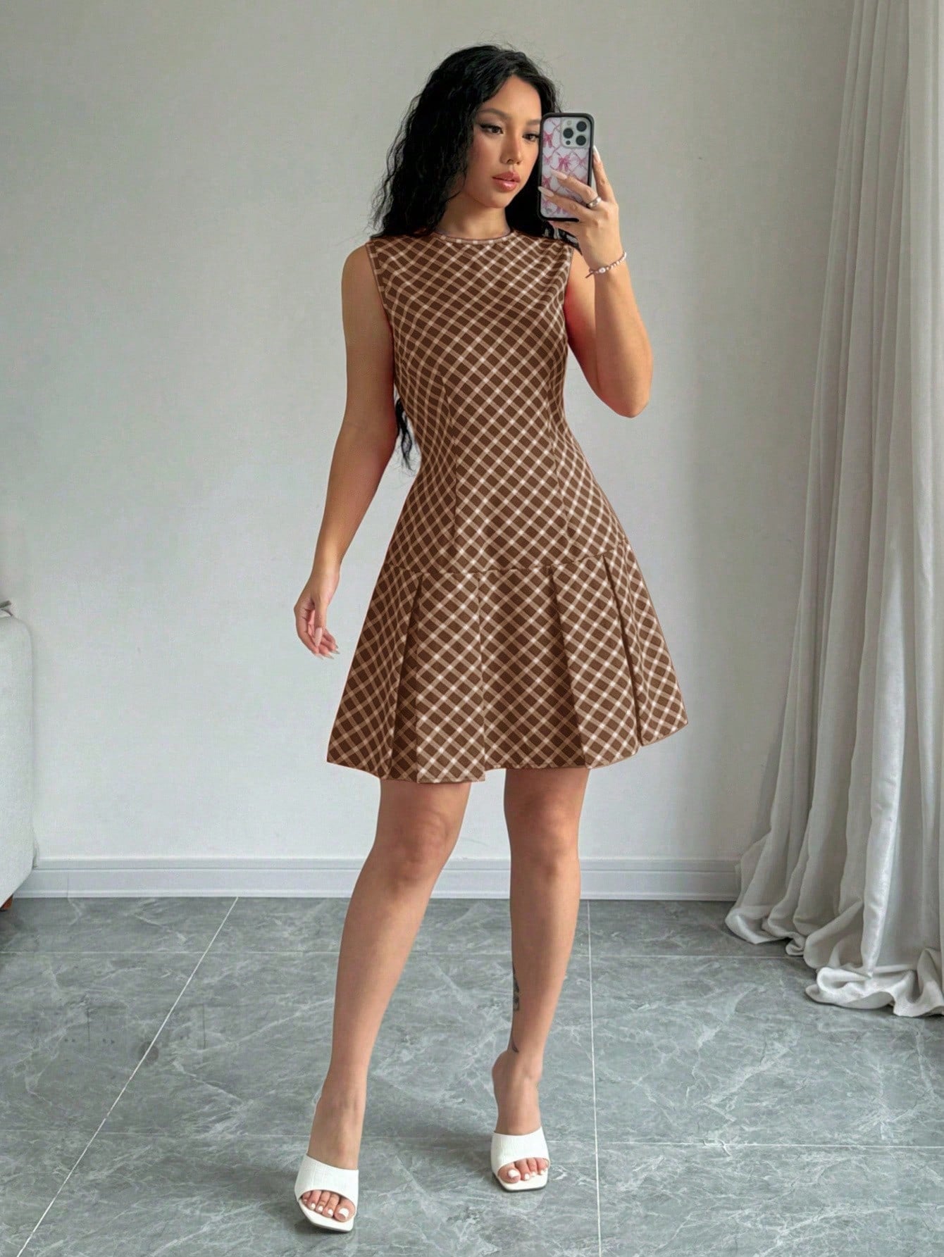 green emerald velvet dress Elegant Linen Plaid Dress – liwisi main image 0