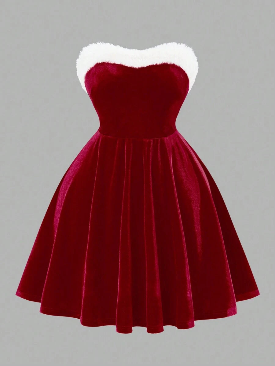fit and flare christmas party dresses Plus Size Red Strapless Faux Fur Trim Holiday Dress – CANARY HOUZE Work dress Summer dress