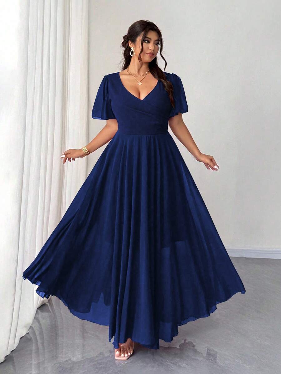 Elenzga Plus Size Dusty Blue A-Line Dress Wedding Guest Semi Formal Dresses Chiffon Ruffle Sleeve V-Neck Slim Fit Elegant Evening Gown