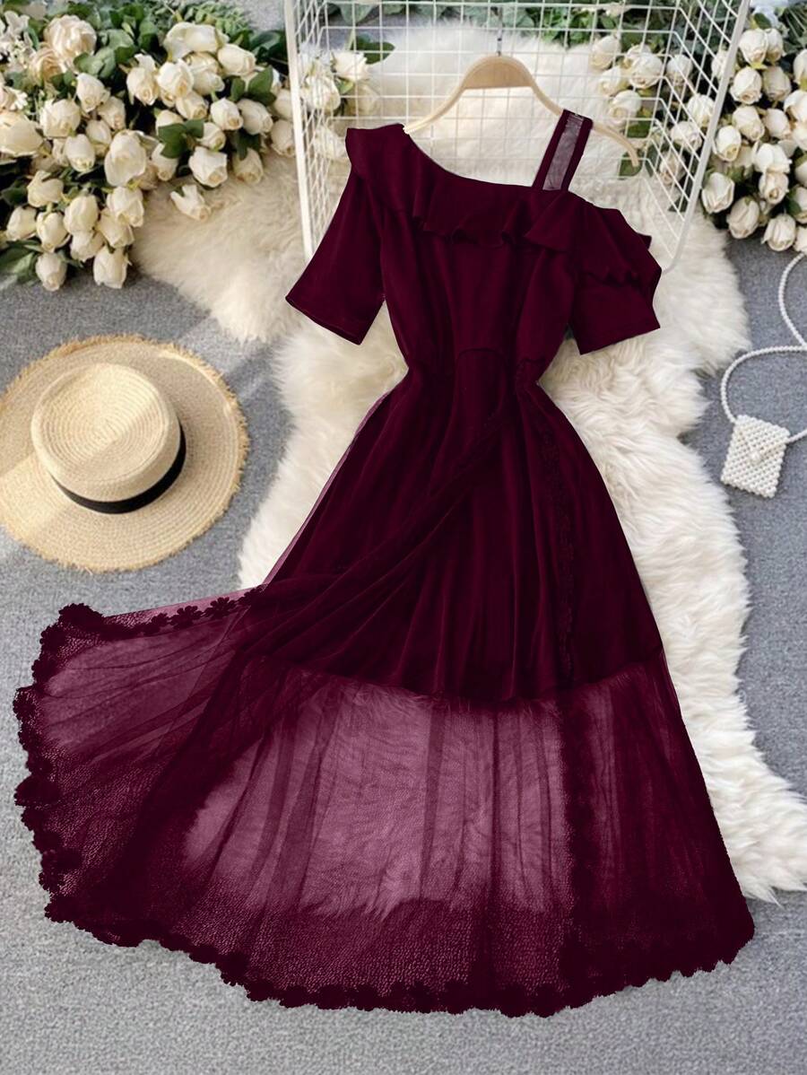 Elegant Plus Size Burgundy Dress with Asymmetric Hem and Mesh