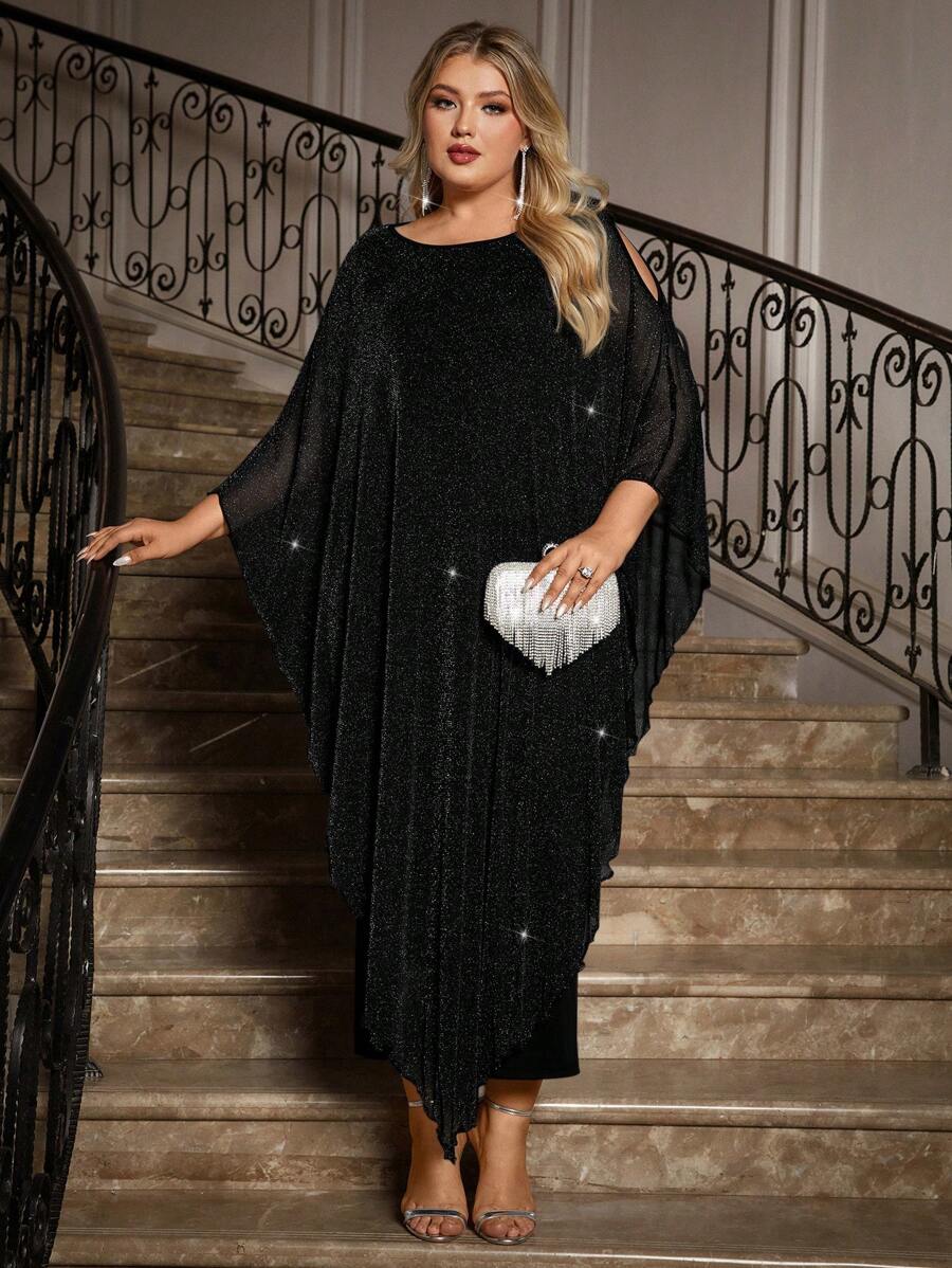 Elegant Plus Size Chiffon Dress with Long Cape Overlay