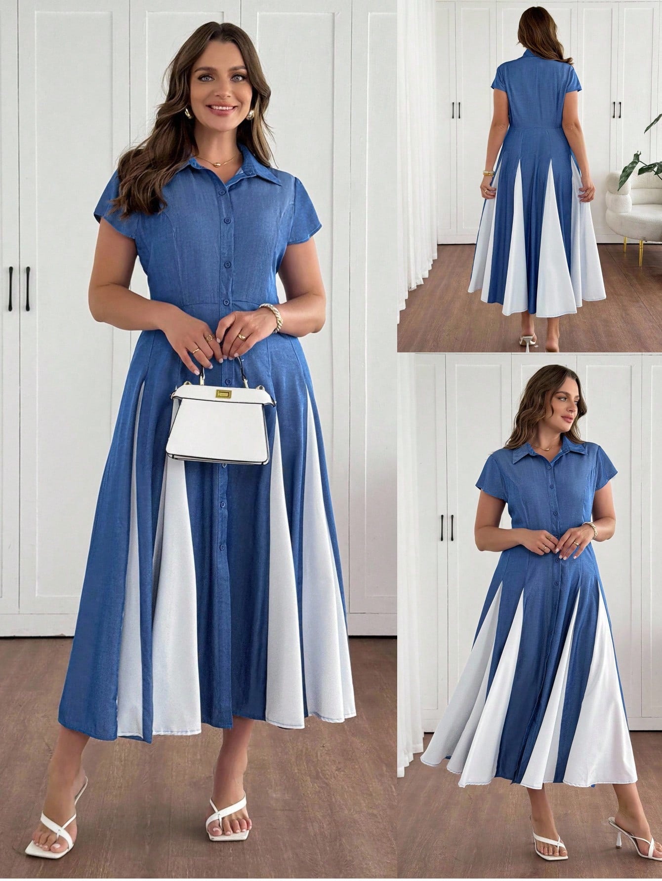 Elegant Plus Size Denim Effect Skater Dress with Short Sleeves for Wom Canary Houze Elegant Plus Size Denim Effect Skater Dress with Short Sleeves for Wom Canary Houze