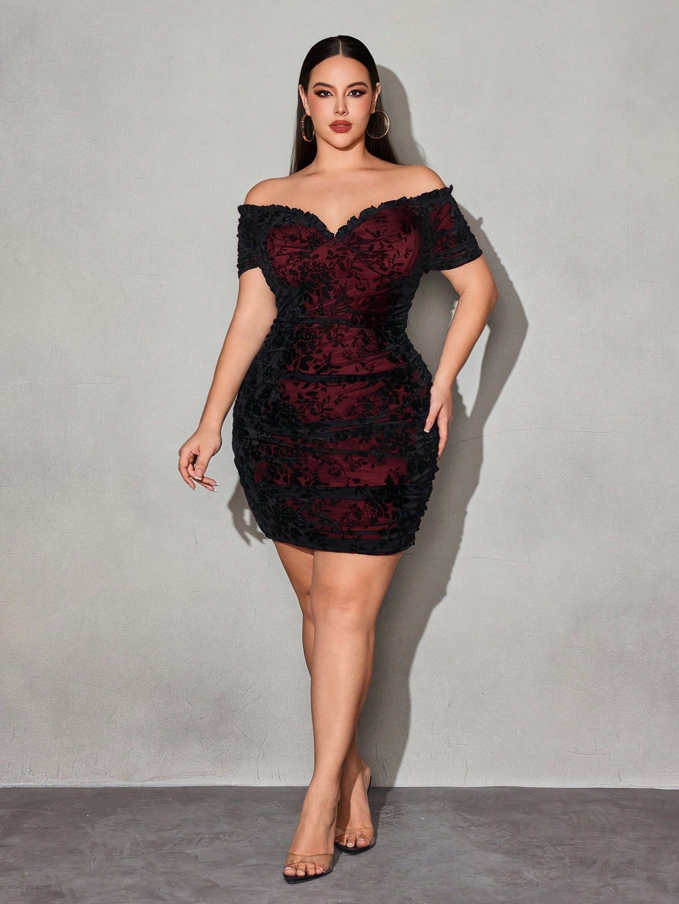 flower fitted dress Elegant Plus Size Floral Off-Shoulder for Summer Flare Silhouette Cotton Jersey Midi Dress: Color:Periwinkle/Silver sororityrush