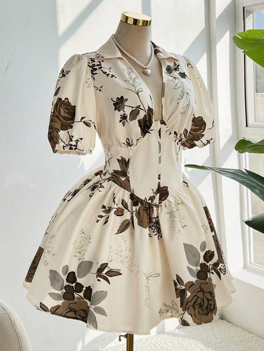 plus size mini summer dresses Elegant Floral Print Short Sleeve Dress for Romance Black Holiday Dress Short Beaded Lace-Up Homecoming this effortless everyday dress Color:Cameo Pink