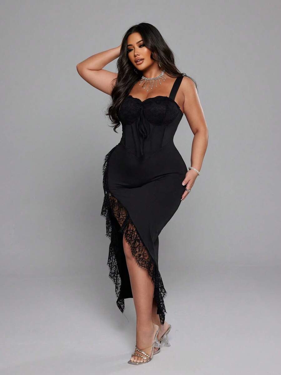 Elegant Plus Size Lace Patchwork Slip Dress with Slit