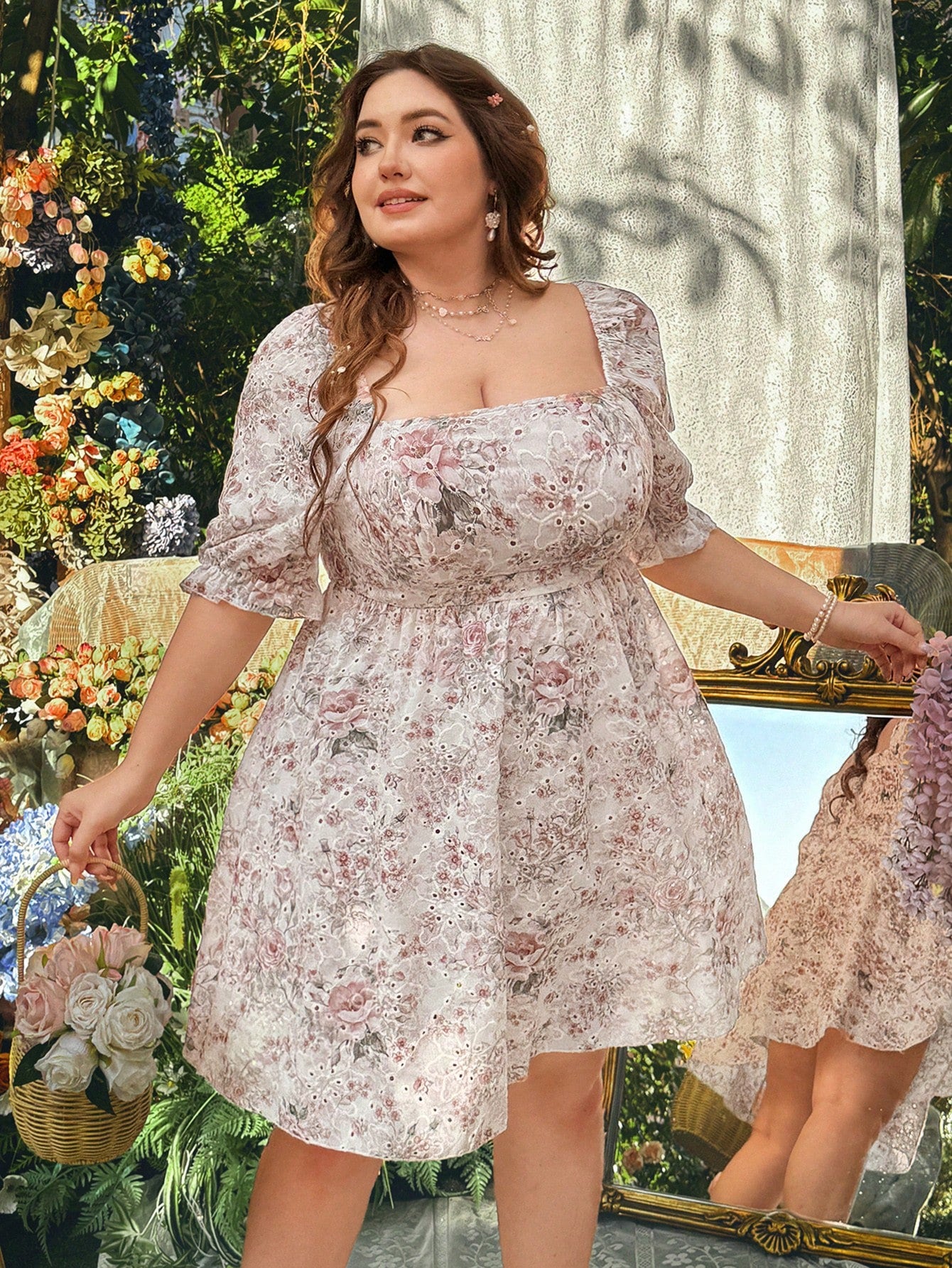 Elegant Plus Size Pink Embroidered Lantern Sleeve Dress for Spring & Summer  Beach Vacations