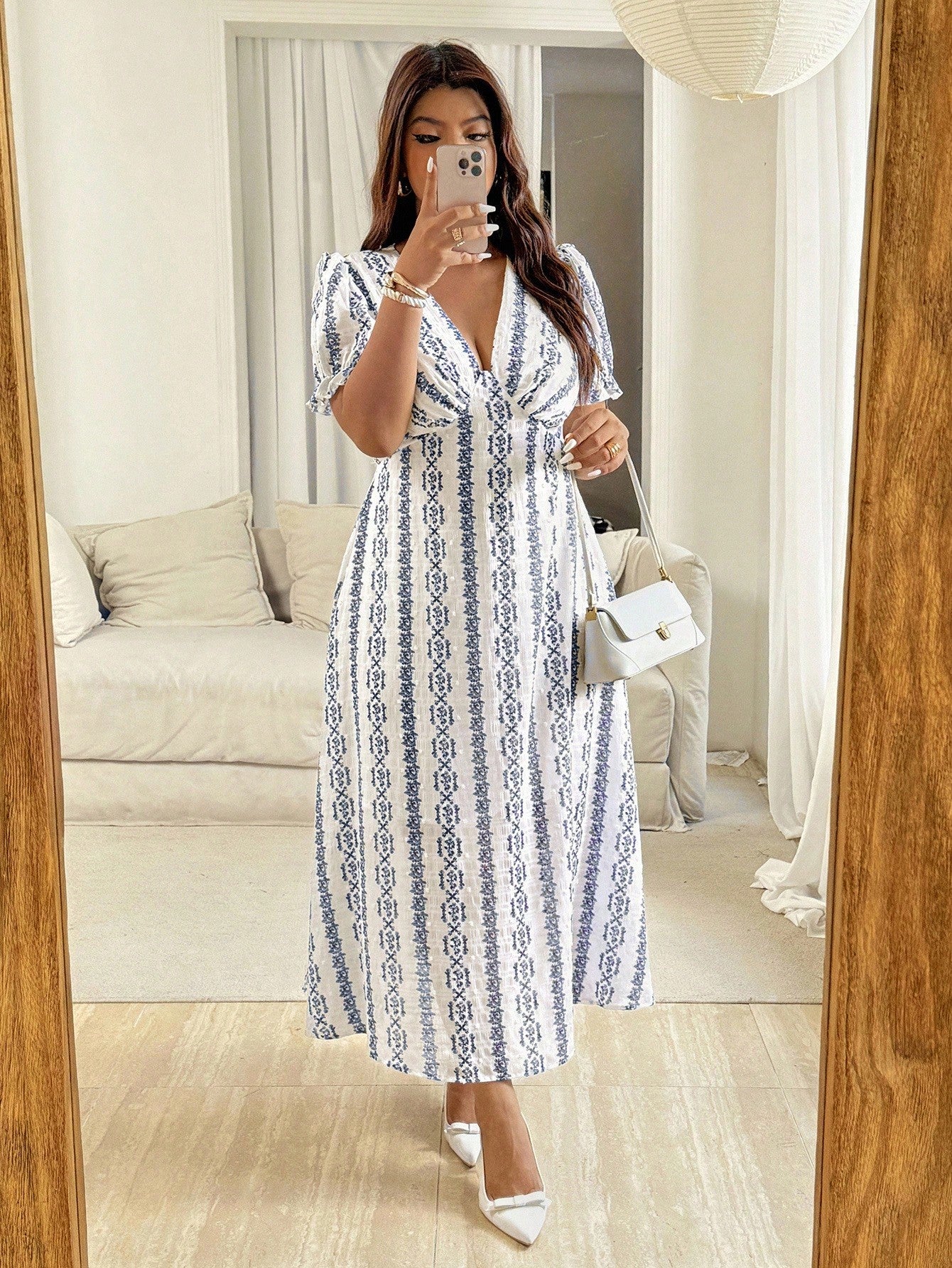 Elegant Plus Size Puff Sleeve V-Neck Vintage Print Midi Dress for Spring,  Summer, and Autumn