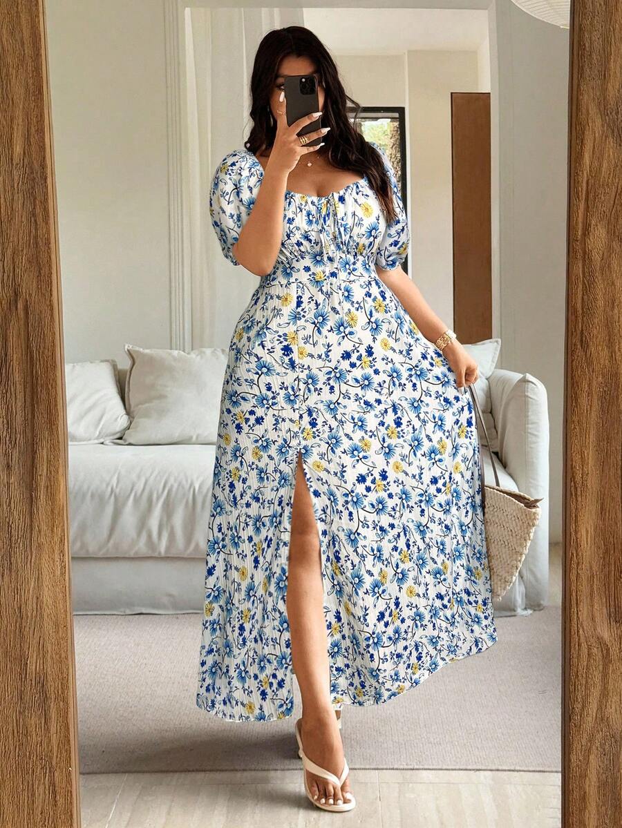 Elegant Plus Size Summer Dress with High Slit and Ditsy Floral Print Canary Houze Elegant Plus Size Summer Dress with High Slit and Ditsy Floral Print Canary Houze