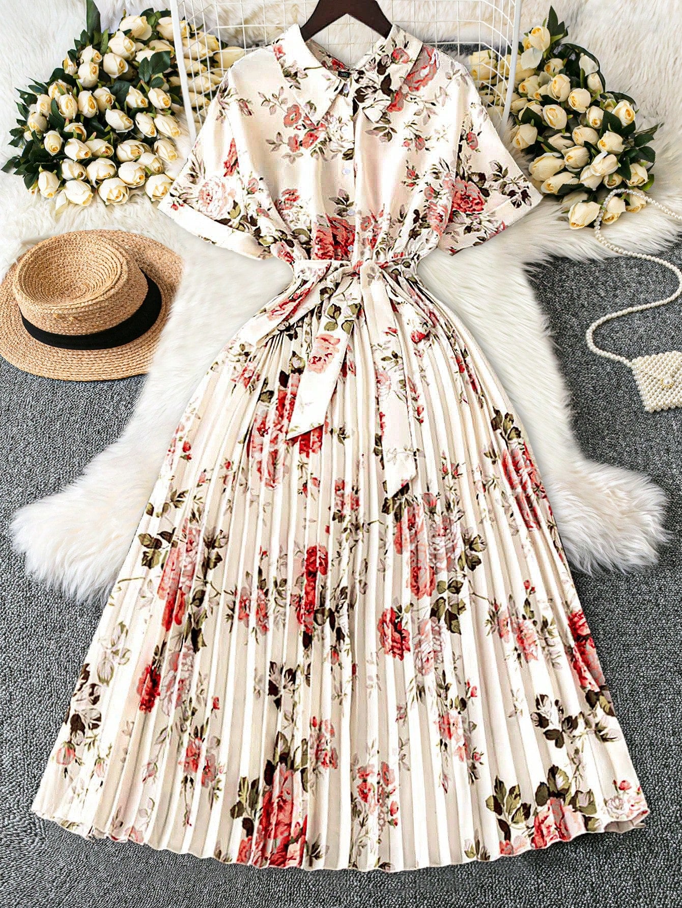 pleated dresses prints elegant Plus Size Summer Dress with Patchwork Hem and Floral P – Canary Houze Perfect for weddings or These High-Low Wedding Dresses Style:EE01977BK W40/32