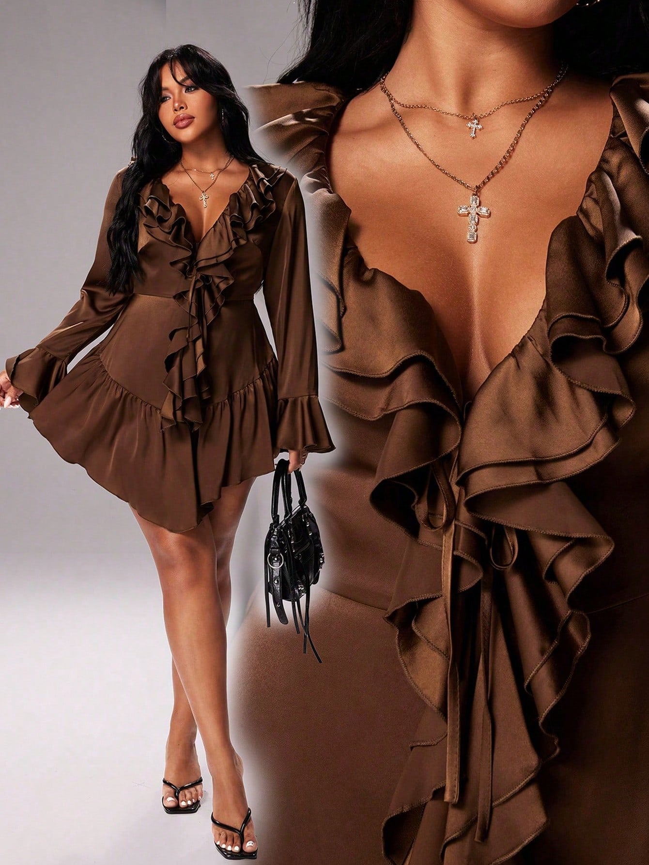 Elegant Plus Size V-Neck Flare Sleeve Mini Dress with Ruffled Hem in Coffee - Perfect for All Seasons Elegant Plus Size V-Neck Flare Sleeve Mini Dress with Ruffled Hem in Coffee - Perfect for All Seasons
