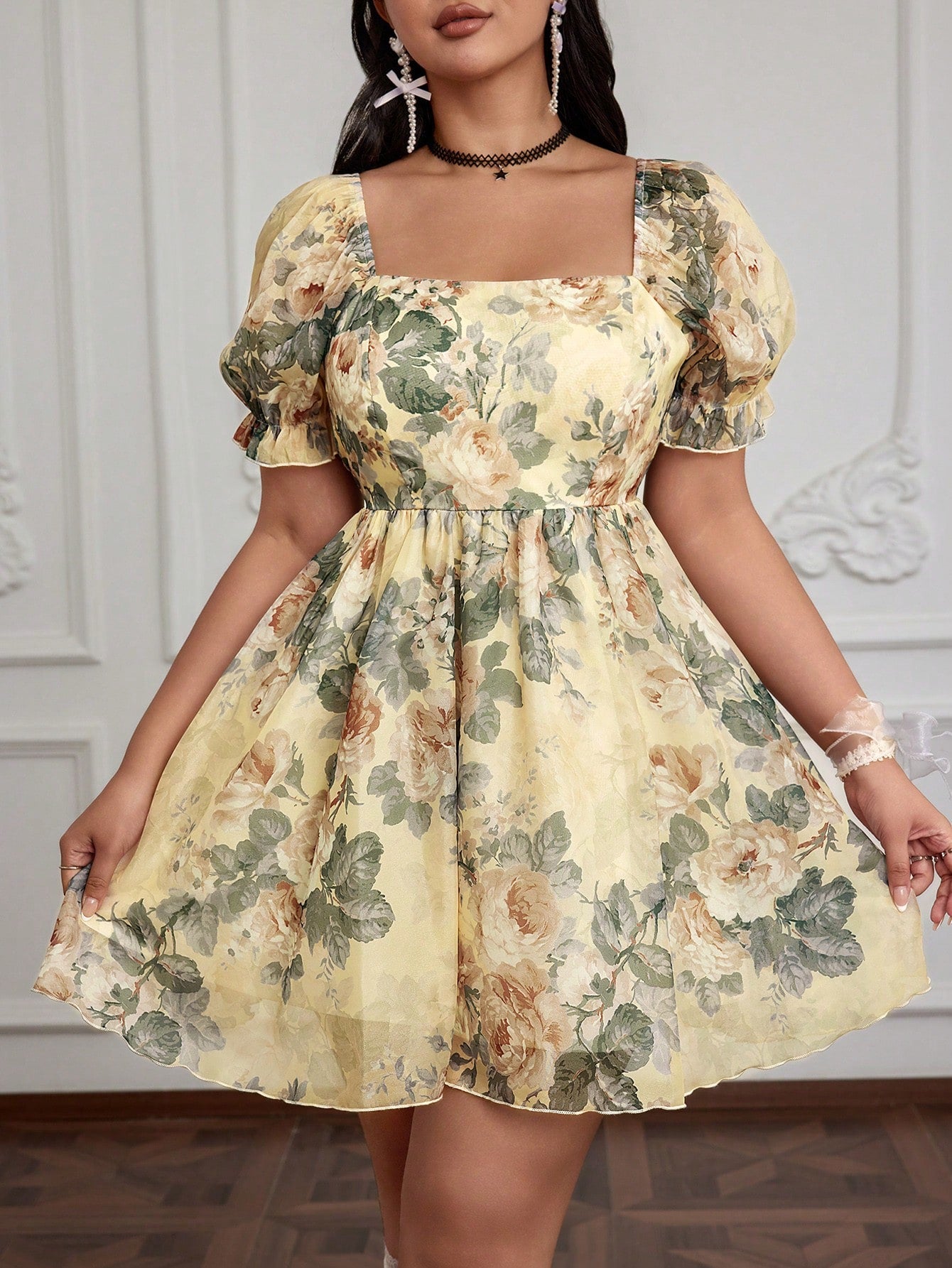 Elegant Plus Size Vintage Floral Puff Sleeve Dress with Mesh Overlay f –  Canary Houze