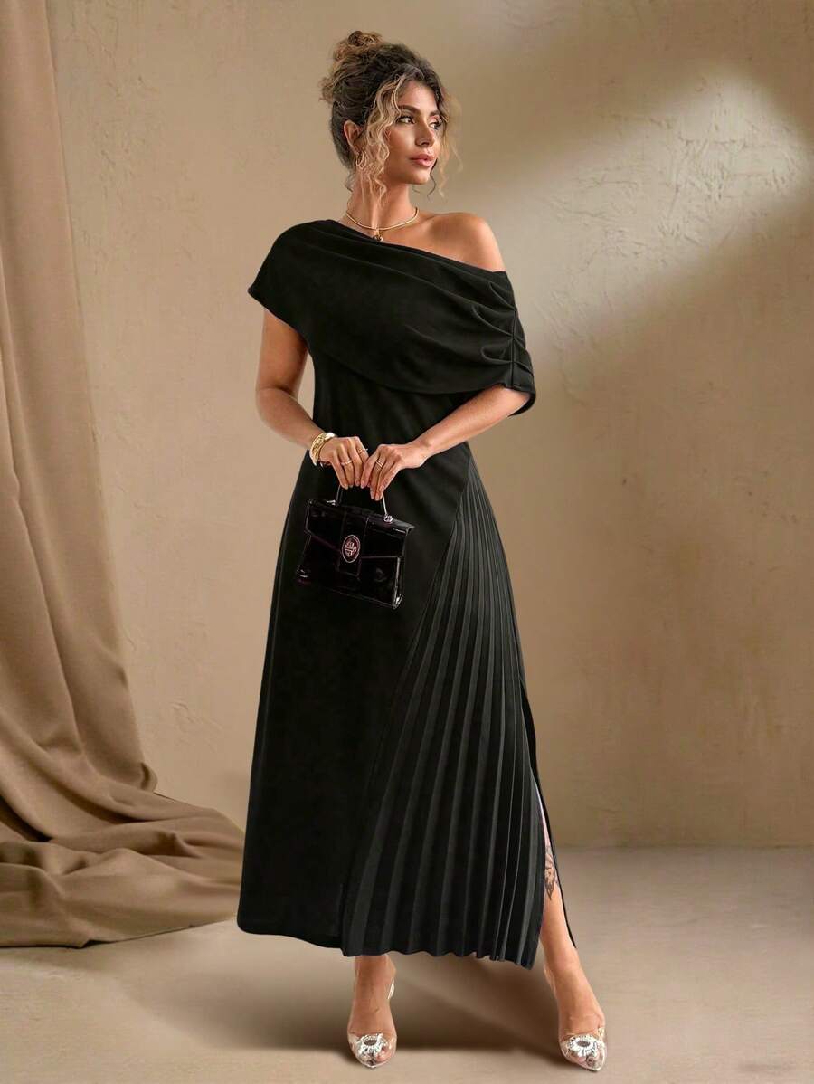 plus size asymmetric pleated dress Final Sale Plus Size Satin One Shoulder Asymmetric Pleated Dress with Chic And Curvy