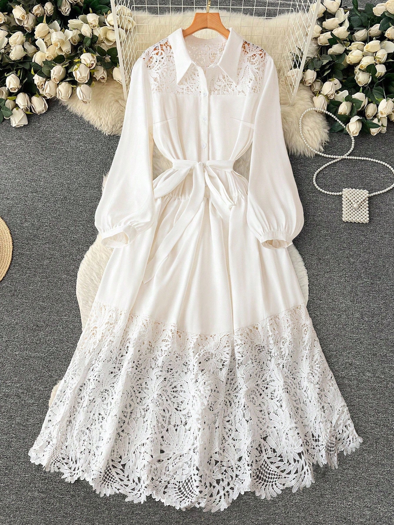 work wear maxi dresses Elegant Plus Size Women's Shirt Dress with Lace Detail and Tie Waist f –  Canary Houze