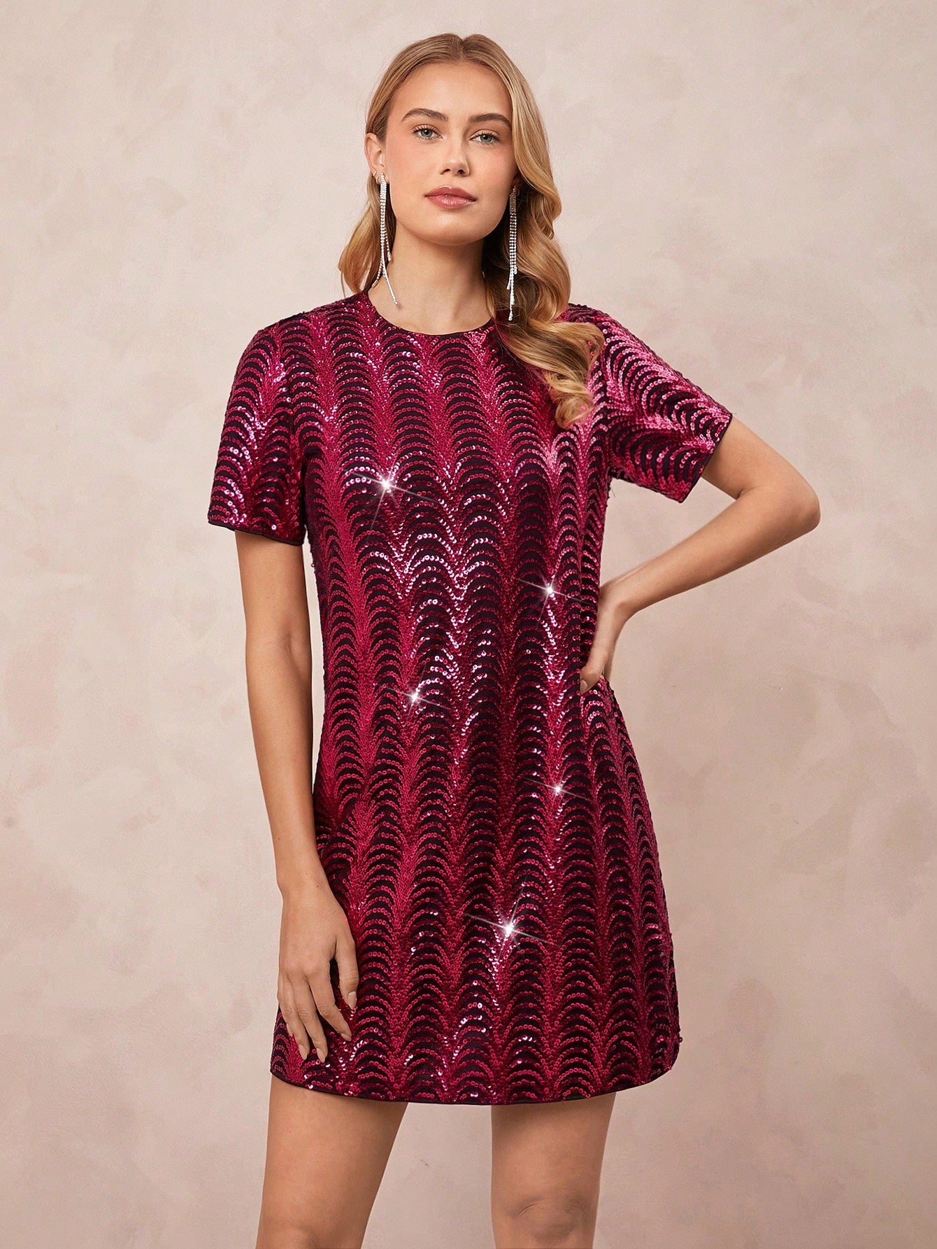 Elegant Purple Short Sleeve Beaded Sequin Dress for Casual Parties and   Canary Houze