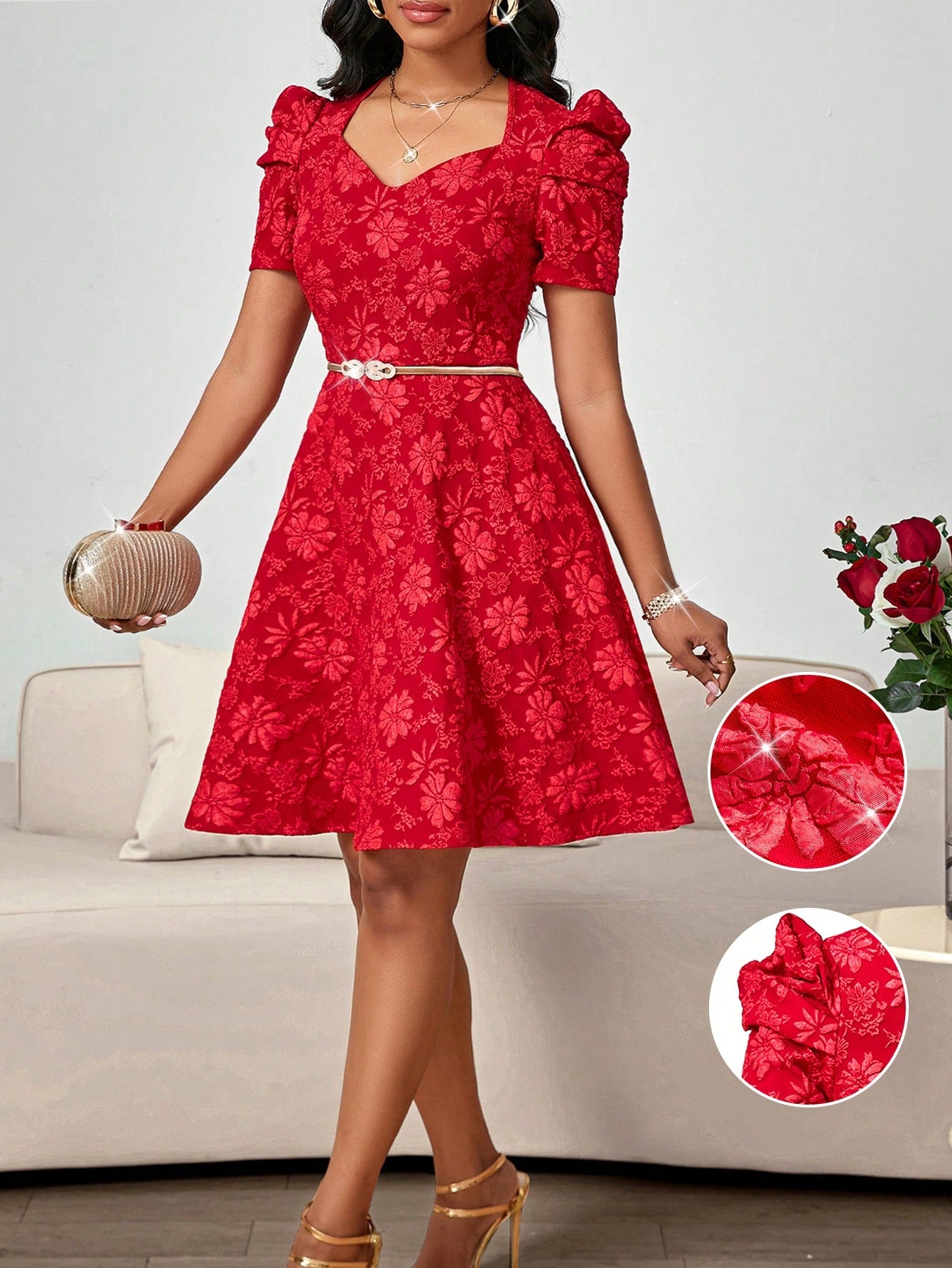 Elegant Red Floral Jacquard Short Dress with Sweetheart Collar and Puf Canary Houze Elegant Red Floral Jacquard Short Dress with Sweetheart Collar and Puf Canary Houze