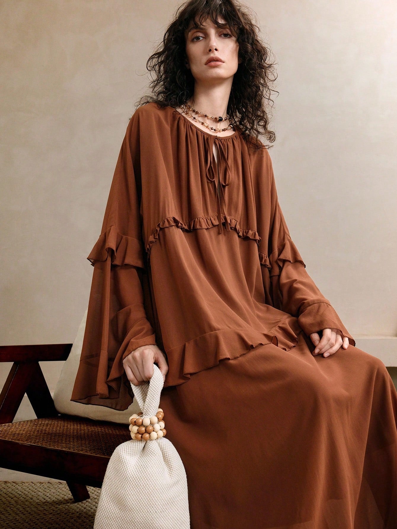 Elegant Retro Autumn Chiffon Dress with Lotus Leaf Edges for Women – P – Canary Houze