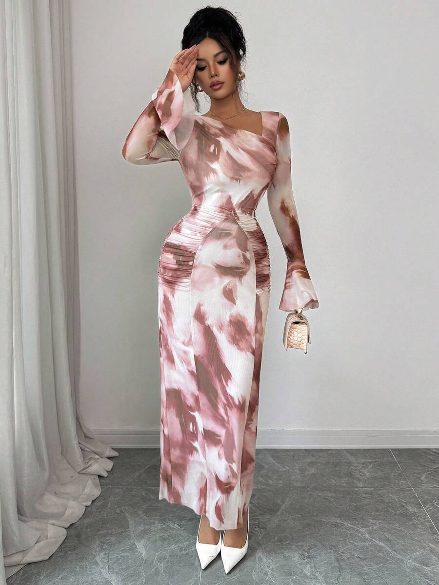 bodycon flare dress Elegant Retro Tie-Dye Mini for Women Lining:Without Lining making it a perfect Curvy Dress 70s Maxi Dress in