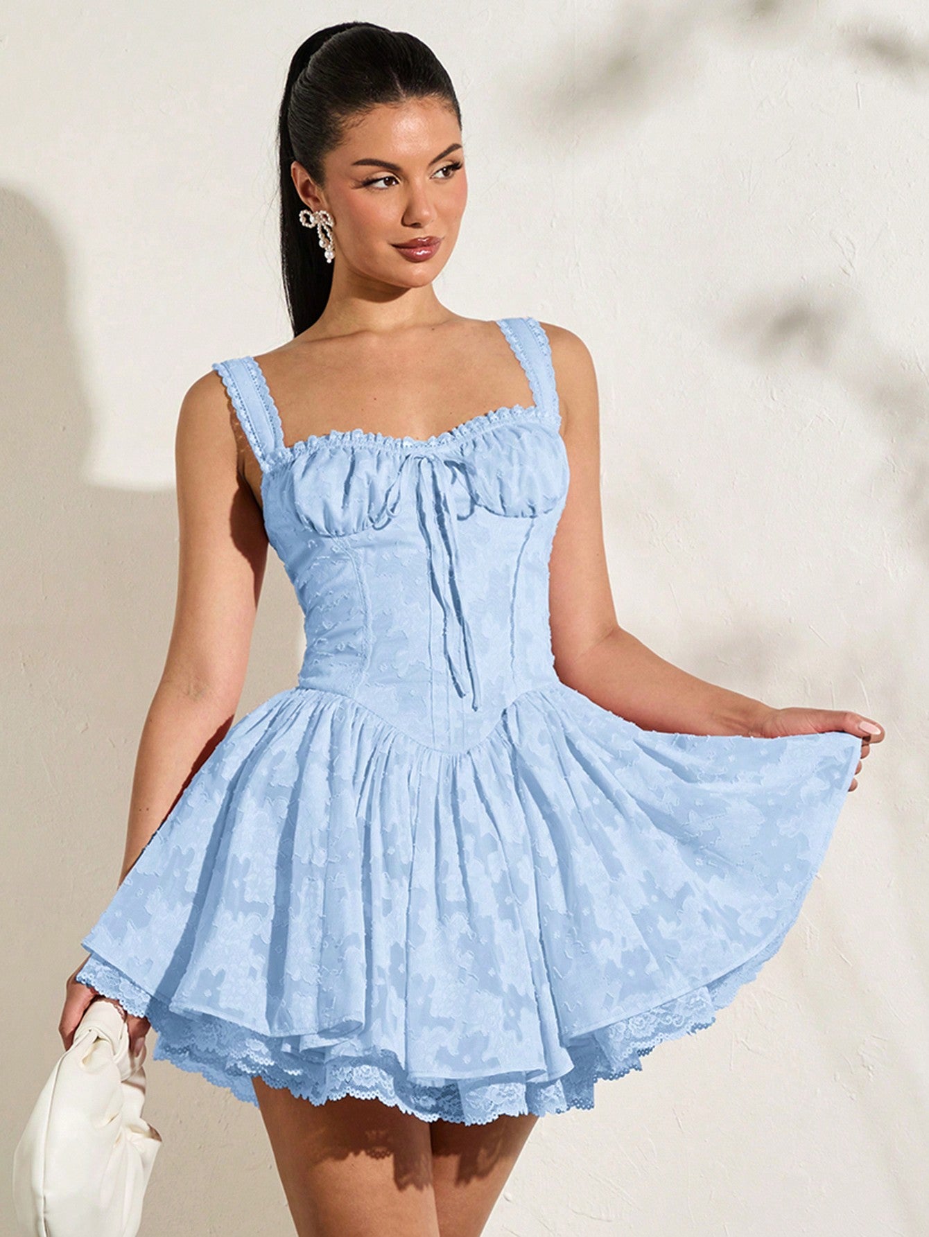 Elegant Ruched Bust Lace-Trim Slip Dress  Floral Summer Vacation Dres   Canary Houze