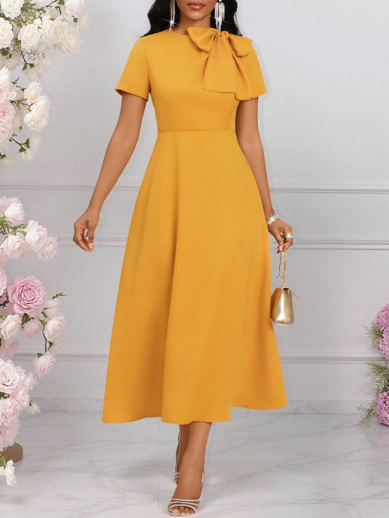 short spring formal dresses Elegant Solid Color Short-Sleeved Long Dress with Collar Design for Sp – Canary Houze
