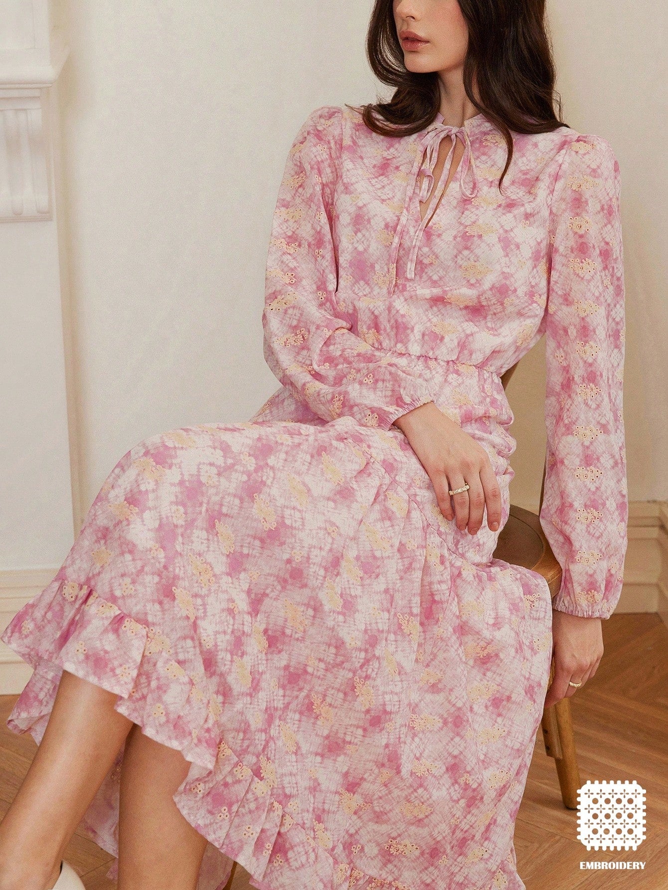 Elegant Tie-Dye Puff Sleeve Midi Dress with V-Neck and Tie Waist for W   Canary Houze