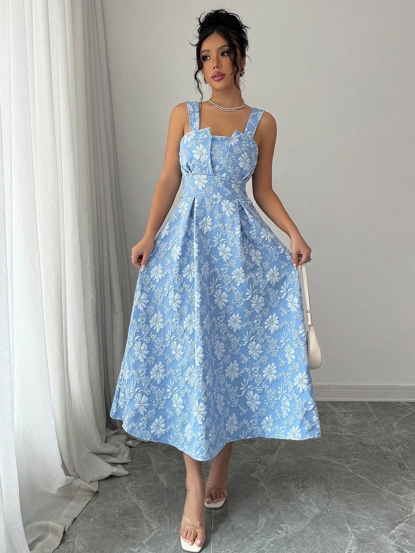 Elegant Vintage Baby Blue Jacquard Maxi Dress for Effortless Summer St – Canary Houze