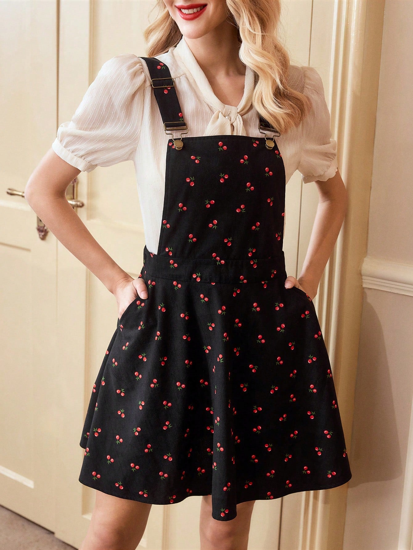Elegant Vintage Cherry Print A-Line Overall Dress for Women – Perfect
