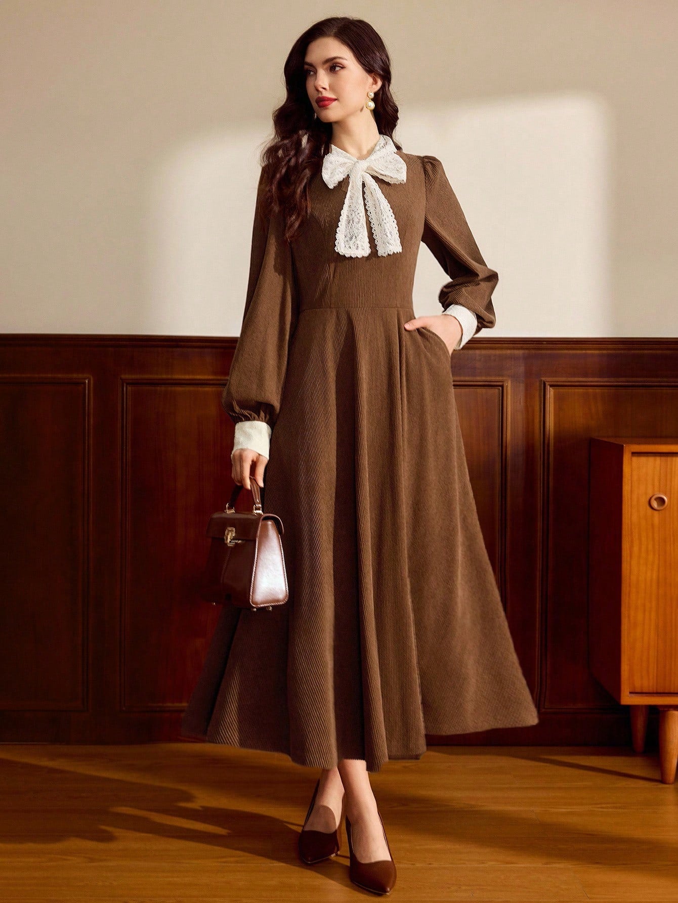 Elegant Vintage Long Sleeve Patchwork Dress for Autumn & Winter - Coff Canary Houze Elegant Vintage Long Sleeve Patchwork Dress for Autumn & Winter - Coff Canary Houze