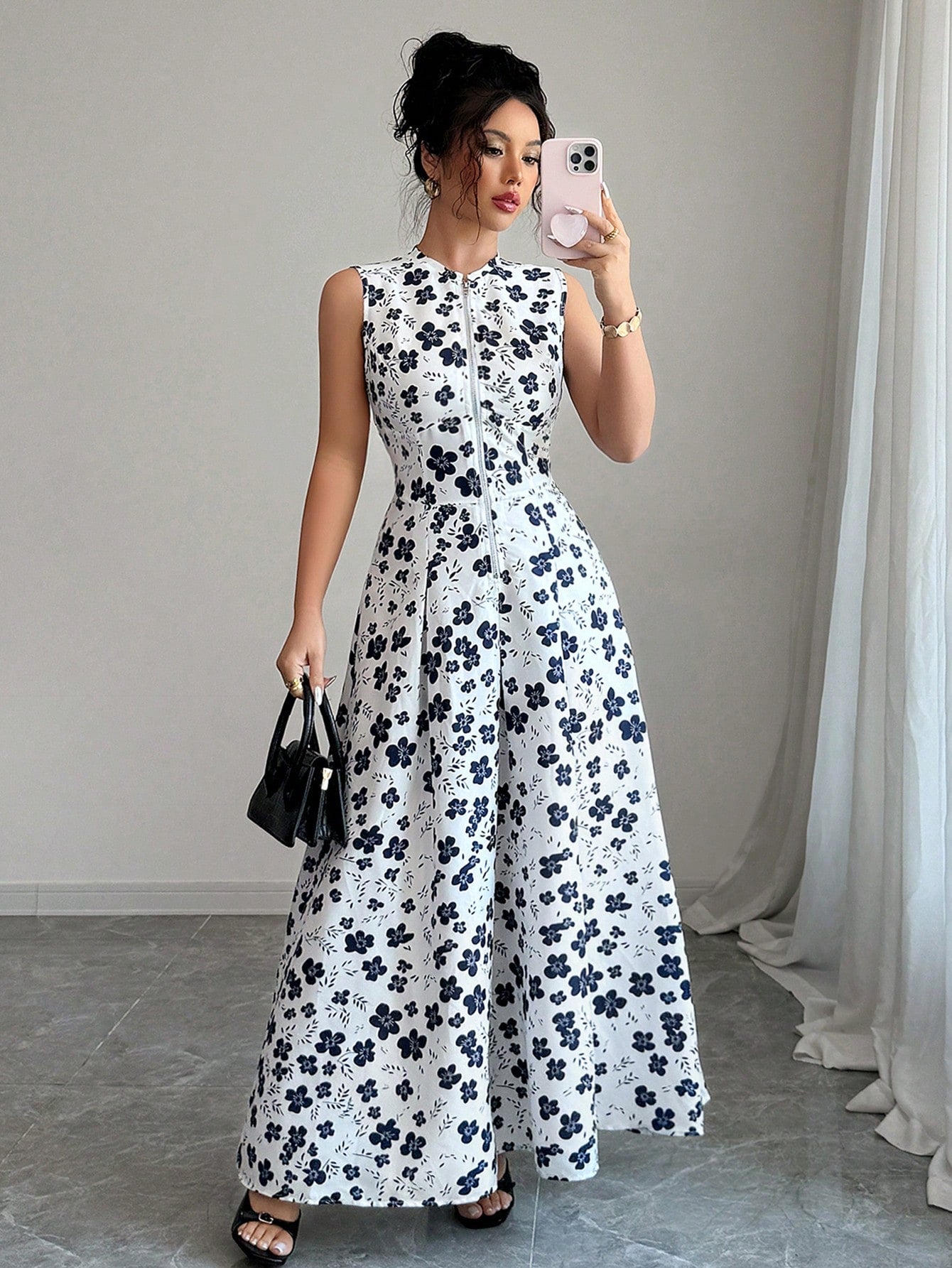 Elegant White Floral Print Sleeveless Dress with Front Zipper for Casu –  Canary Houze