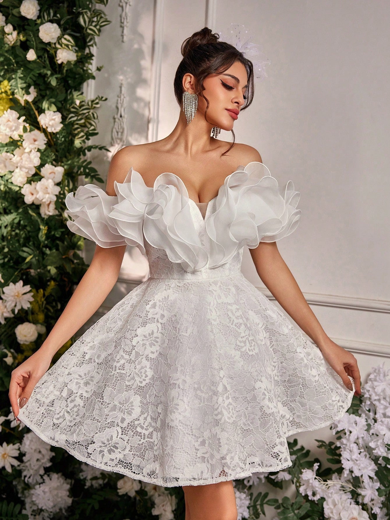 Elegant White Lace Organza Ruffled A-Line Dress for Weddings, Graduations,  and Special Occasions
